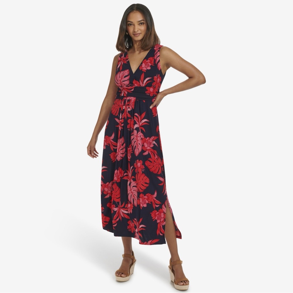 Harper Rose Women's Tropical Printed Red and Navy Sz 10 Empire Waist Maxi Dress